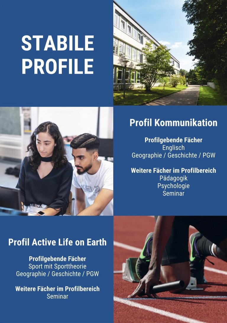 Stabile Profile in der Bildung Das Bild zeigt eine Informationsgrafik zur Grund- und Stadtteilschule Altrahlstedt. Es werden die Profile "Kommunikation" und "Active Life on Earth" mit den entsprechenden Fächern aufgelistet.